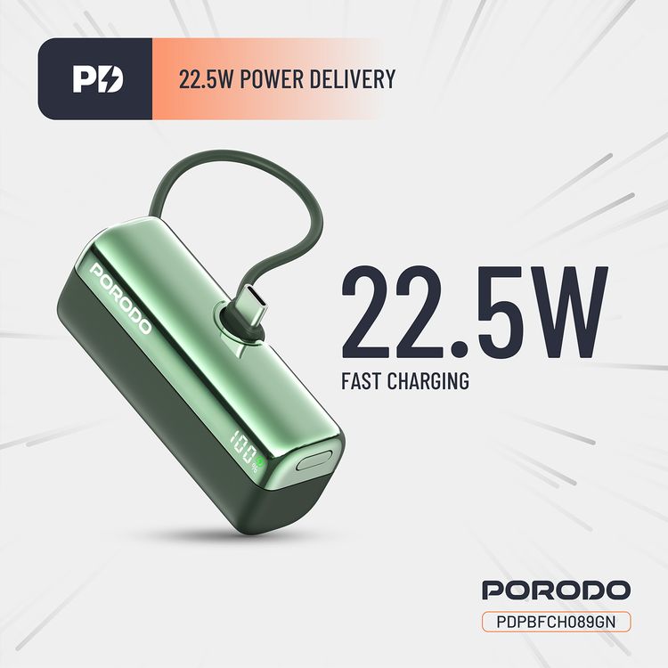 Porodo Pocket Volt 5000mAh Power Bank with Built-in Type-C Connector, 22.5W Power Delivery, Fast Charging Support, Compact Design, 15W Total Output - Green