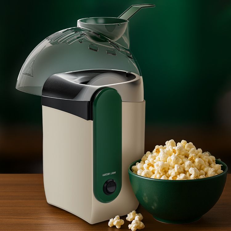 Green Lion Pop Mate Popcorn Maker, 2-3 Minutes Popping Time, 10-15 Minutes Cool Down Time, 1200W Rated Power, 75cm UK 3-Pin Plug, Easy-to-Clean & Store, Hot Air Circulation, Cool-Touch Exterior - White