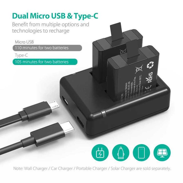 RAVPower GoPro Hero5 1260mAh BatteryX2pcs + Charger Set (RP-PB074-BK) - Black