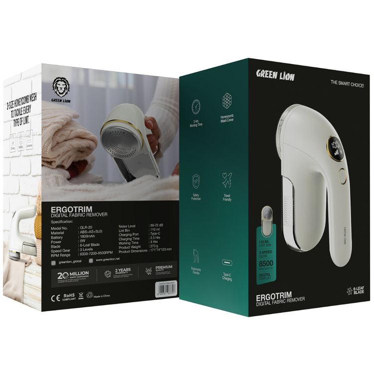Green Lion Ergotrim Digital Fabric Remover with 3-Gear Speed Control, Up to 3 Hours Working Time, 110mL Lint Bin Capacity, 6-Leaf Blade, Honeycomb Mesh Cover, Ergonomic Handle, Safety Protection - White