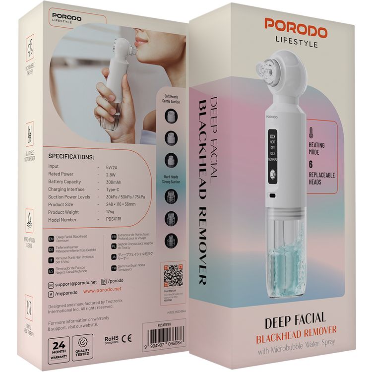 Porodo Lifestyle Deep Facial Blackhead Remover with Microbubble Water Spray, 6 Replaceable Heads, Type-C Charging Interface, 300mAh Battery Capacity, Hydro-Infusion Cleanse, Adjustable Suction Power - White