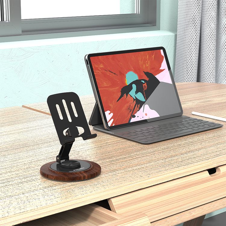 Porodo Blue 360° Rotating Base Desktop Phone Holder with  Foldable Design, Stable and Non-Slip Base, Adjustable Arm, Horizontal and Vertical Viewing, Durable Material, 2kg Load Capacity - Black