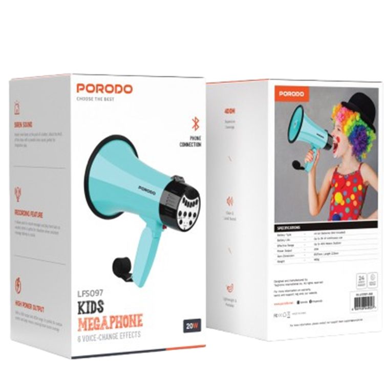 Porodo Kids Megaphone, Clear & Load Sound, Lightweight & Portable, High Power Output - Sky Blue