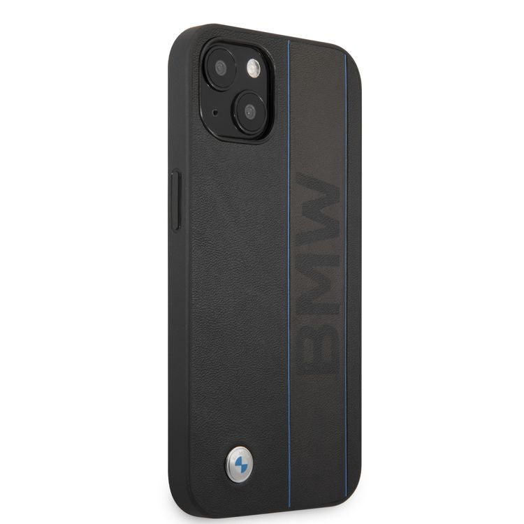 CG MOBILE BMW Real Leather Hard Case Debossed Wordmark Blue Outlines compatible with iPhone 13 (6.1") Suitable with Wireless Charging Officially Licensed - Black