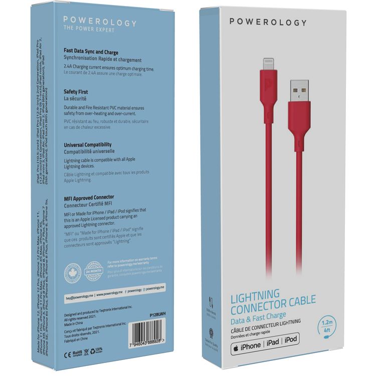Powerology USB-A to Lightning Cable, 2.4 Charging Current, PVC Fire-Resistant Material, 1.2m Cable Length, More than 5000 Bends Lifespan, Fast Charge & Data Sync - Red
