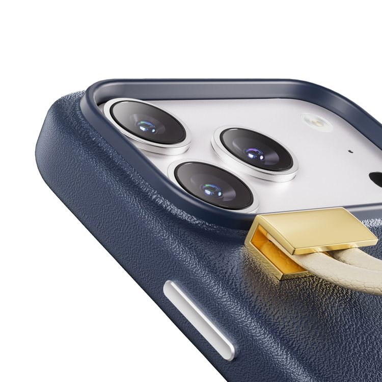 Levelo Polaris PU Leather Case with Wrist-Strap Grip for iPhone 17 Pro, Microfiber Inner Lining, Raised Bezels for Camera & Screen, Shock-Resistant Bumper, Drop-Tested - Dark Blue