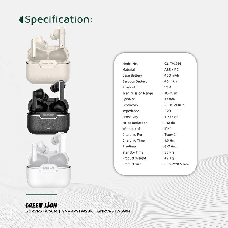 Green Lion River Plus True Wireless Earbuds with ANC + ENC Clarity, 2.4G Connector Included, Up to 7 Hours of Playtime, Smart in-Ear Detection, Bluetooth Version 5.4, -42dB Noise Reduction, 35 Hours Standby Time - Cream