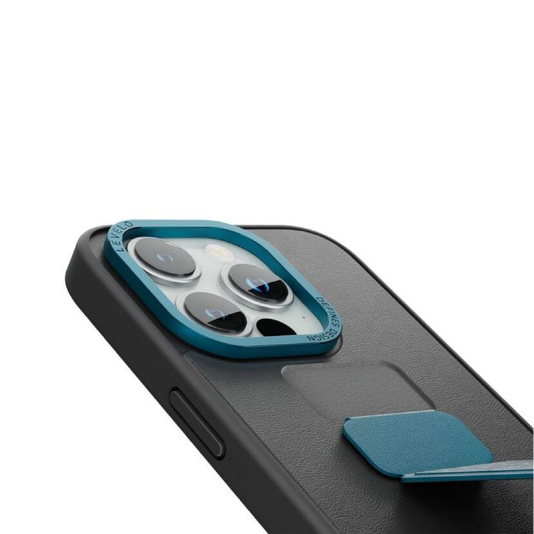 Levelo Morphix Leather Case for iPhone 15 Pro with Kickstand Grip - Black/Blue