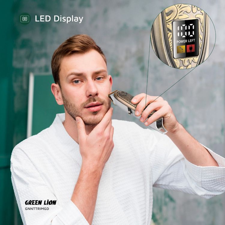 Green Lion Gentleman Hair Trimmer with 6500RPM Motor Speed, 1200mAh Battery Capacity, LED Display, 3 Hours Working Time, Blade Oil Reminder - Gold