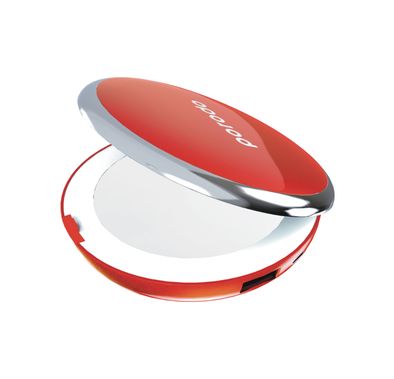 Porodo Mirror Power Bank 4000mAh Battery Capacity with 3 Levels of Brightness, Compact Design, Fast Charging, Overheating Protection,  2x Magnified Glasses, Digital Display - Red