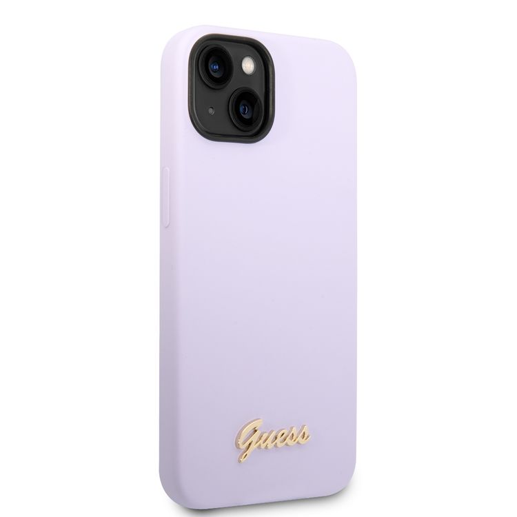 Guess Liquid Silicone Case With PC Camera Outline & Script Metal Logo - iPhone 14 - Purple