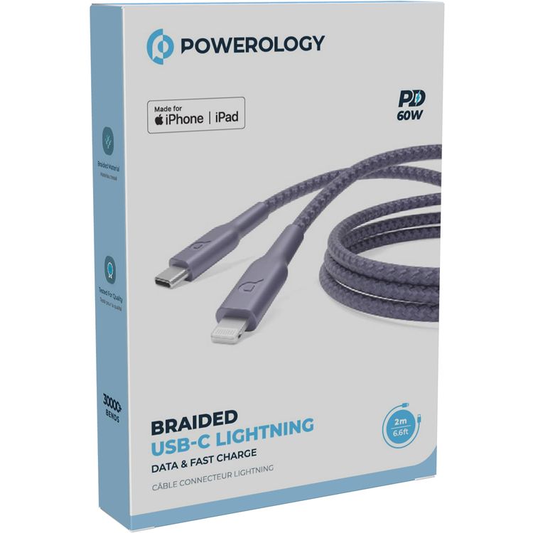 Powerology Braided USB-C to Lightning Cable with 60W Power Delivery, 2m Cable Length, Fast Data Transfer & Fast Charge, Universal Compatibility - Purple