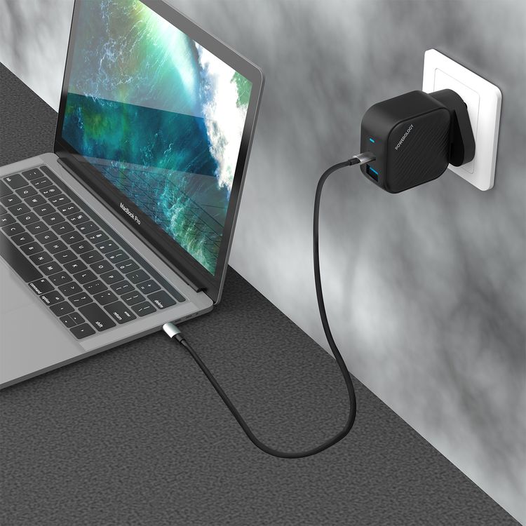 Powerology GaN Dual-Port Wall Charger with 45W Power Delivery, Built-in Safeguards, Universal Compatibility, 1.2A Rated Current, AC 100-240V Rated Voltage - Black