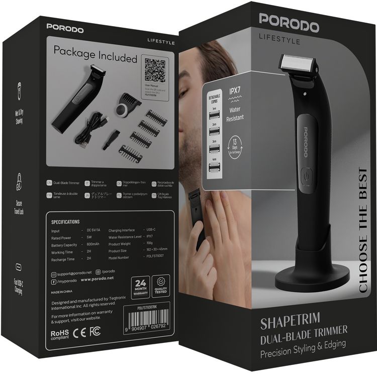 Porodo Shapetrim Dual-Blade Trimmer with Wet & Dry Shaving, 600mAh Battery, Secure Travel Lock, 5W Rated Power, 1, 2, 3 & 4mm Combs Included, 2 Hours Working Time, USB-C Fast Charging - Black