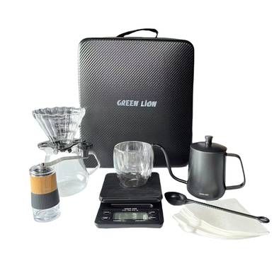 Green Lion G-40 Coffee Maker Set with Manual Grinder, Gla...