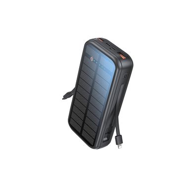 Green Lion PD2OW Solar 2 20000mAh Power Bank, Built-in Type-C & Lightning Cables, Short Circuit and Overvoltage Protection - Black