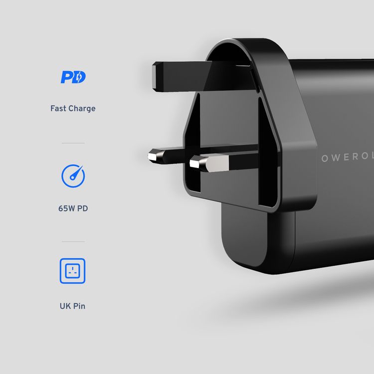 Powerology Wall Charger UK 65W 3-Output with PD UK GaN - (Black)
