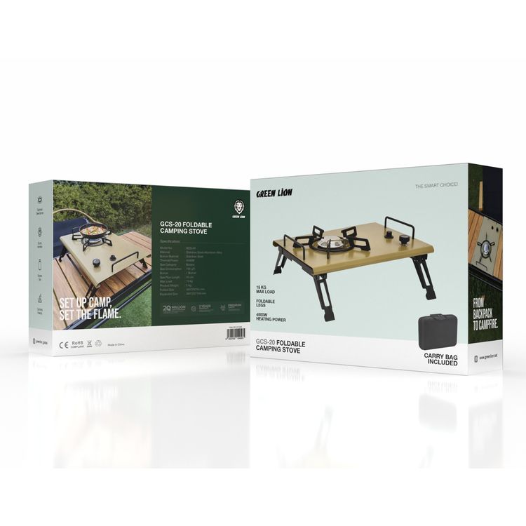 Green Lion GCS-20 Foldable Camping Stove, Lightweight & Compact Design, Up to 15 Kg Load Capacity, Butane Gas, 4000W Heating Power, Sturdy Handles - Khaki