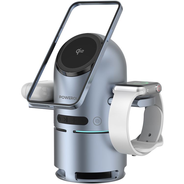 Powerology Qi2 Speaker Charge Station with Pop-Out Charging Dock, 15W Maximum Phone Output, 1000mAh Battery Capacity, Bluetooth Version 5.3, Built-in Safeguards - Gray