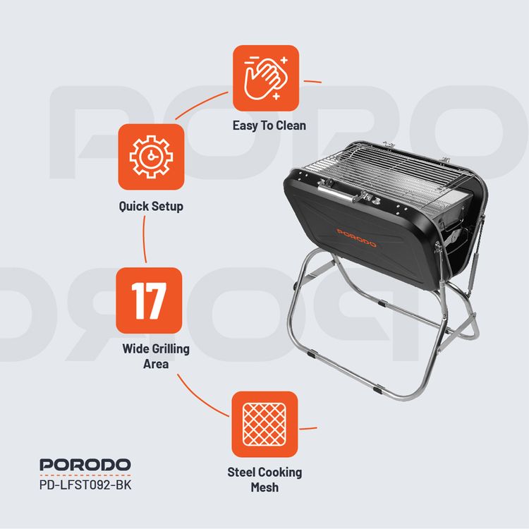 Porodo Lifestyle Portable Folding BBQ Grill with Steel Cooking Mesh, 17-inch Grilling Area, Camping Trip, Backyard Parties & Beach Outings, Easy to Clean, Quick Setup - Black