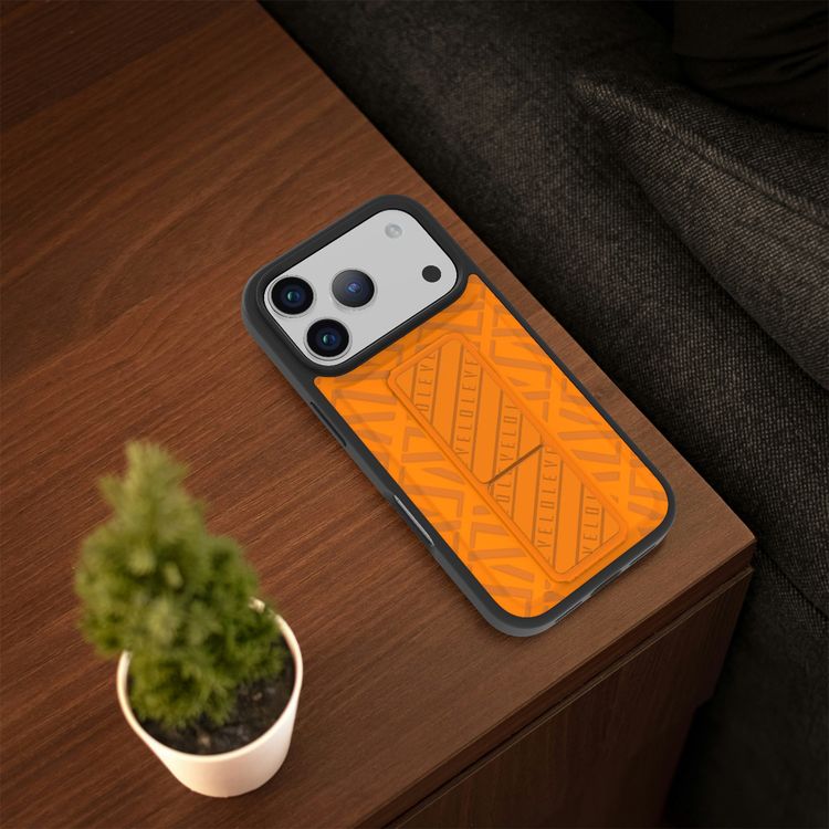 Levelo Morphix Cuero GripStand Case for iPhone 17 Pro Max, Raised Bezels for Camera & Screen, Shock-Resistant Bumper, Secure Hold, Horizontal & Vertical Viewing - Sunrise Orange
