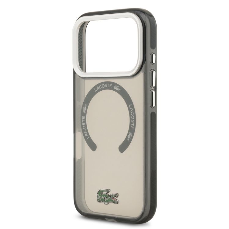 غطاء شفّاف من نوع TPU و PC من Lacoste مع لمسة نهائية متجمدة لجهاز iPhone 17 Pro Max، حماية من السقوط، تصميم نحيف، تغليف مستدام، تصميم يمكن تركيبه بسهولة - رمادي