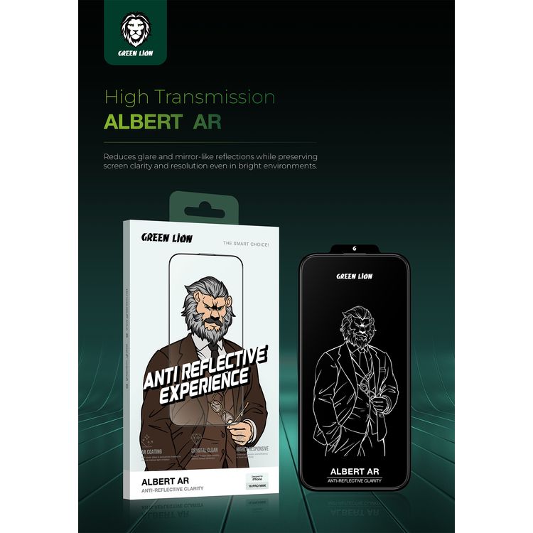Green Lion Albert AR Screen Protector for iPhone 16 Pro Max, Anti-Dust, Crystal Clear, Anti Fingerprint, High Transmission, 9H Diamond Hardness, Sensitive Touch - Clear