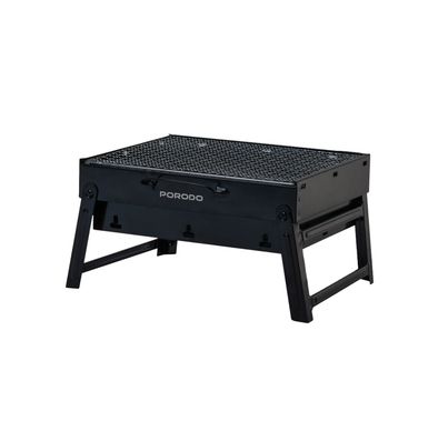 Porodo Lifestyle Portable Folding Mini BBQ Grill with Grill Spatula and Fork Set, BBQ Grill Net, Hand Hooks, Lightweight Design, Durable Construction, Easy Setup - Black