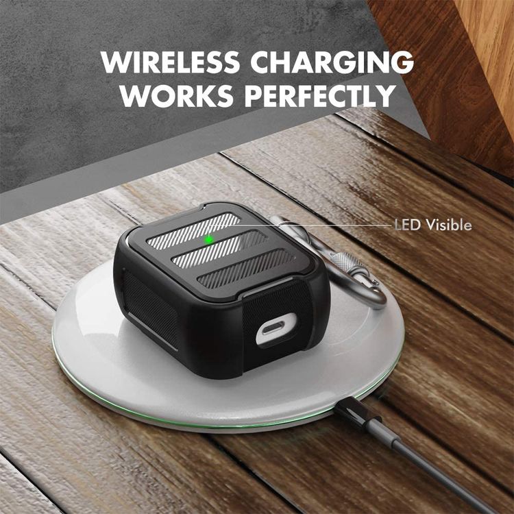 AhaStyle Rugged Armor Premium TPU Case with Anti-Lost Carabiner Compatible for AirPods 1/2, Hard-Shell Protective Cover, Scratch Resistant, Shock Absorption, Drop Protection, & Dustproof Protective Silicone Cover Supports Wireless Charging - Black