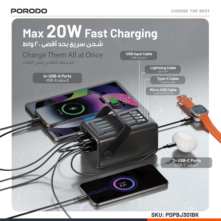 Porodo Lara 80000mAh Power Bank with Flashlight, Portable Handle, PD 20W, Fast Charging, ×2 USB-A & USB-C & Micro Ports, 4 Integrated Cables, Universal Compatibility - Black