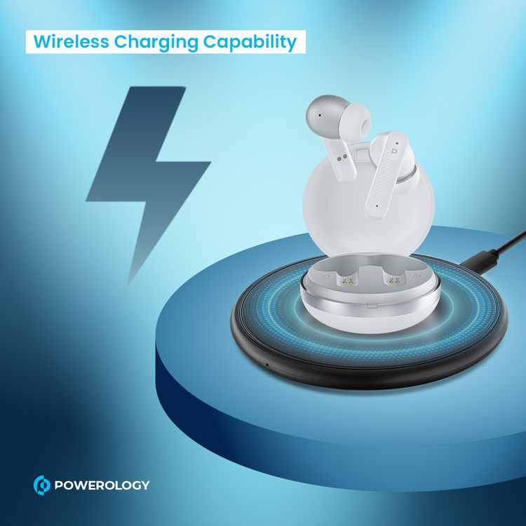 Powerology TWS Earbuds with Quad Mic ENC, 6h Playtime, Bluetooth 5.3, 30minutes Charging Time, 10m Transmission Distance, Type-C Port, Smart Touch Control, Wireless Charging - White