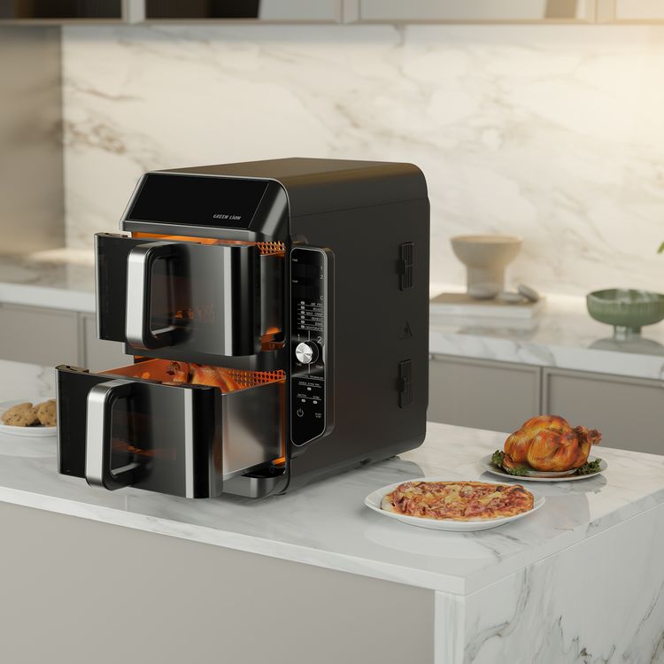 Green Lion Double-Decker Pro Digital Air Fryer with 2× 5.6L Capacity, 6 Preset Programs, 2400W Power, PP + Aluminum + ABS & PC Material, 0-60 Minutes Frying Time, Up to 230°C Temperature, BS Plug 90cm Power Cord, LED Touch Display - Black