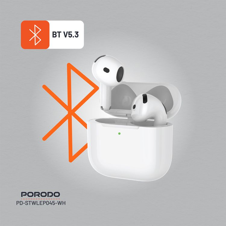 Porodo Soundtec Earbuds Gen 4 with Environmental Noise Cancellation, 5 Hours Play Time, 25m Transmission Range, Touch Control, Wireless Charging - White
