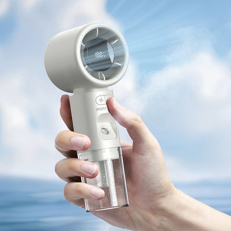 Porodo Cool & Hydrate Mini Fan & Humidifier with 100 Speed Levels, Up to 5 Hours Working Time, Whisper-Quiet Operation, LED Digital Display, 2000 mAh Battery, USB-C Charging Port - White