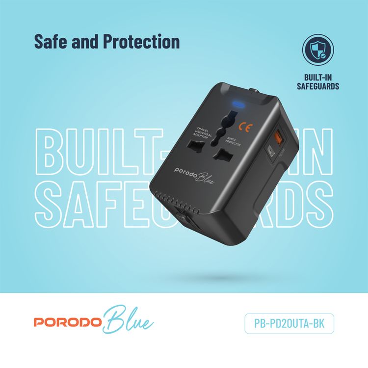 Porodo Blue Dual Port 20W Power Delivery and 18W Quick Charge Universal Wall Charger with US/AU/EU/UK Plugs, Built-in Safeguards - Black