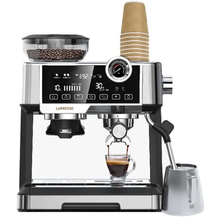 ماكينة صنع قهوة اسبريسو LePresso Advanced ذات شاشة لمس تفاعلية، مضخة ULKA 19 بار، 1350 واط، سعة خزان مياه 2.5 لتر، مقياس غلاية، مطحنة مخروطية الشكل، إعدادات طحن قابلة للتعديل - فضي