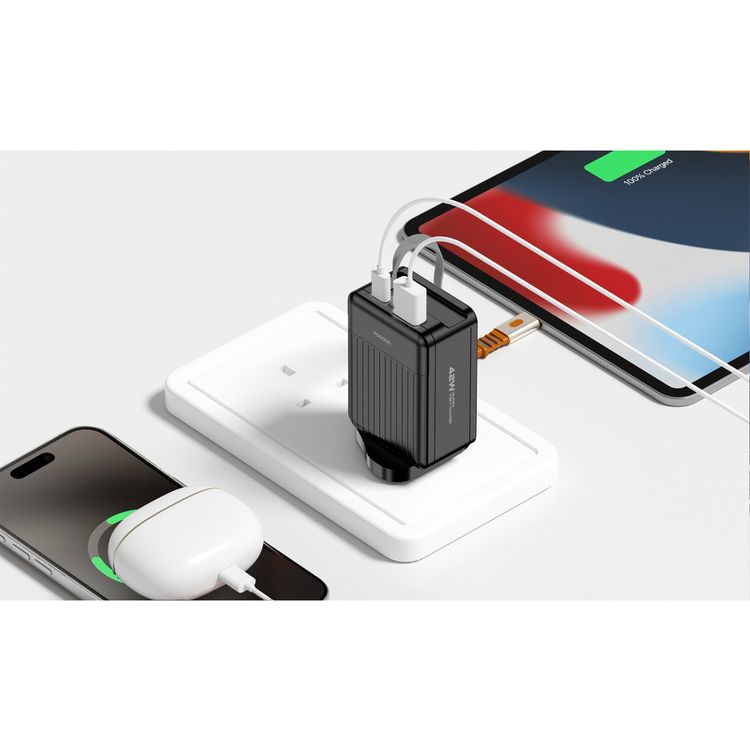 Porodo Super Quick GaN Charger with 75cm Retractable Type-C Cable, 42W Power Delivery, Simultaneous Charging, 22.5W USB-A Output, Built-in Safeguards - Black