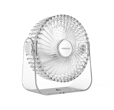 Porodo Portable Transparent Cooling Fan with Nightlight, 120° Oscillation, 3 Speed Levels, 3000mAh Battery Capacity, 3-9.5 Hours Working Time, 2.5 Hours Charging Time, ABS Material, Type-C Charging Interface, Whisper-Quiet Operation - Clear