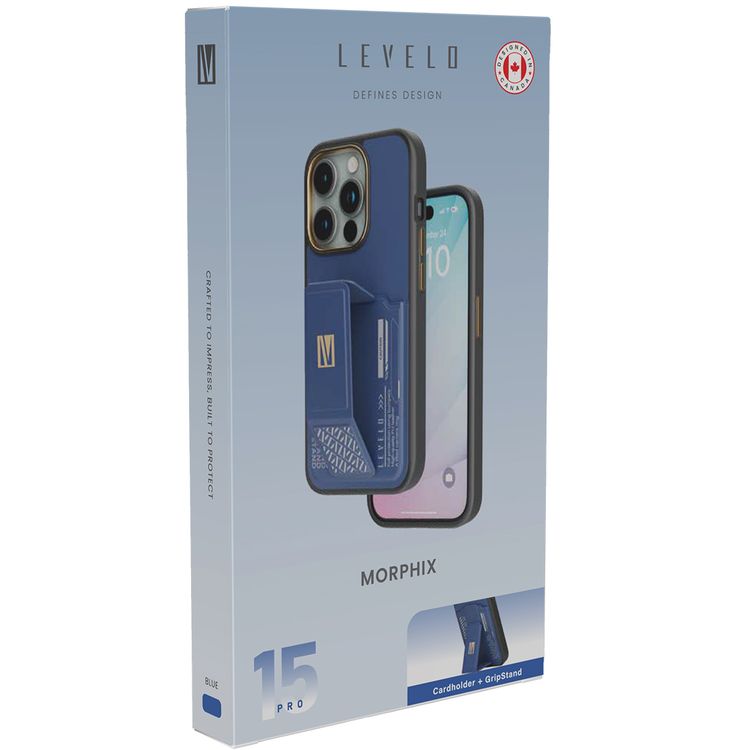 Levelo Morphix Cuero Gripstand Case for iPhone 15 Pro with Cardholder, Multi-Positioning Modes, PU Leather Material, Shock-Proof Edges - Blue