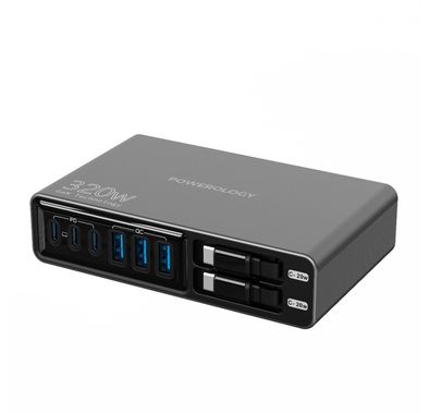 محطة الشحن باورولوجي يونيفو مع طاقة إجمالية 320 واط، شحن متعدد الأجهزة، توافق مع شحن الحواسيب المحمولة، حماية متقدمة للسلامة، تكنولوجيا الشحن الذكي - اللون أسود