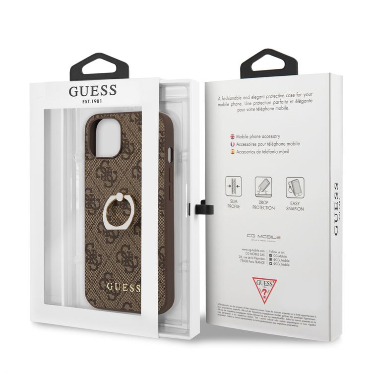 CG MOBILE Guess PU Leather 4G Case with 360° Rotating Ring Grip Holder Stand Compatible for iPhone 13 (6.1") Suitable with Wireless Charging Officially Licensed - Brown