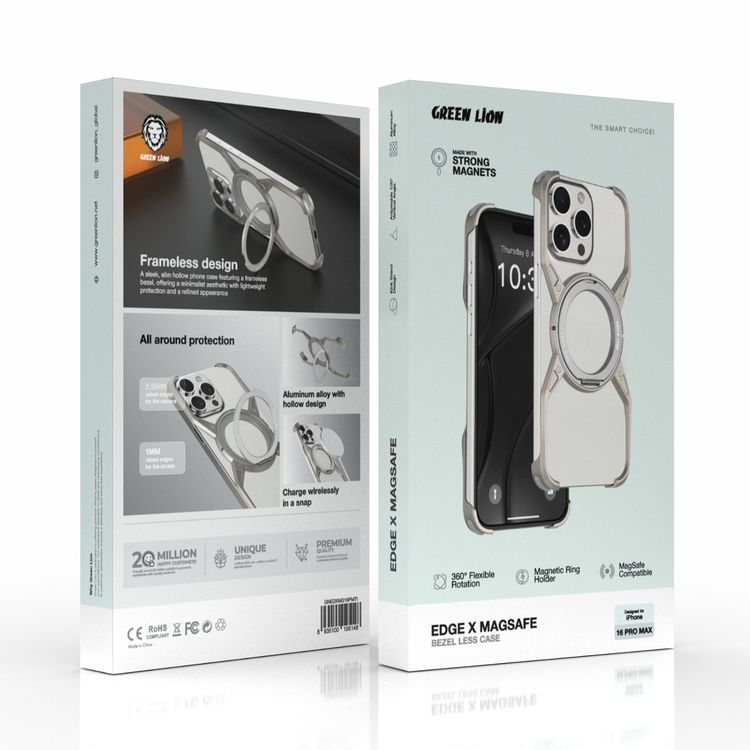 Green Lion Edge X MagSafe Bezel Less Case for iPhone 16 Pro Max, 360° Rotation, Raised Edges, Frameless, Kick Stand Design - Natural Titanium