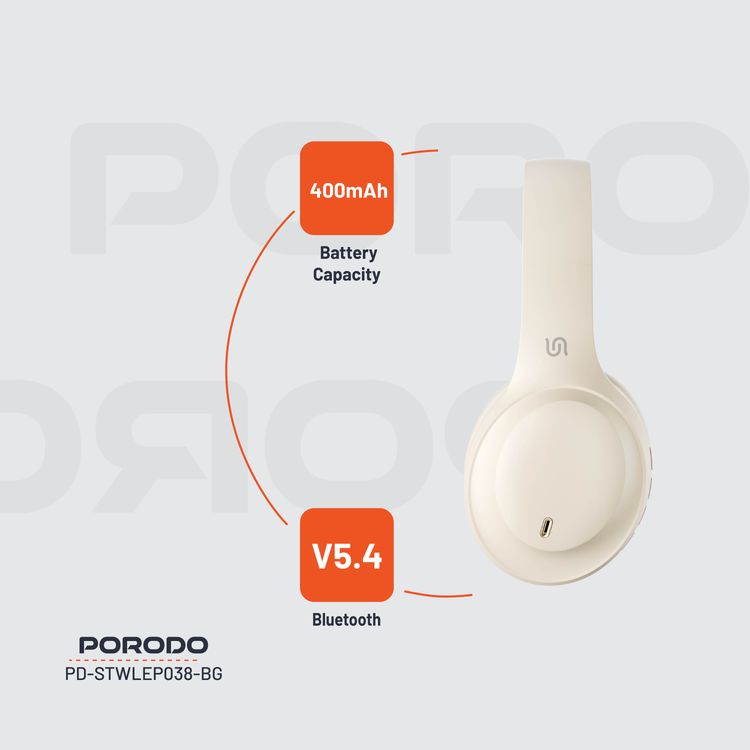  Porodo Soundtec Wireless Headphones with 400mAh Battery Capacity, 1.5 Hours Recharge Time, Up to 50 Hours Working Time, Type C Charging Port, Bluetooth V5.4 - Beige