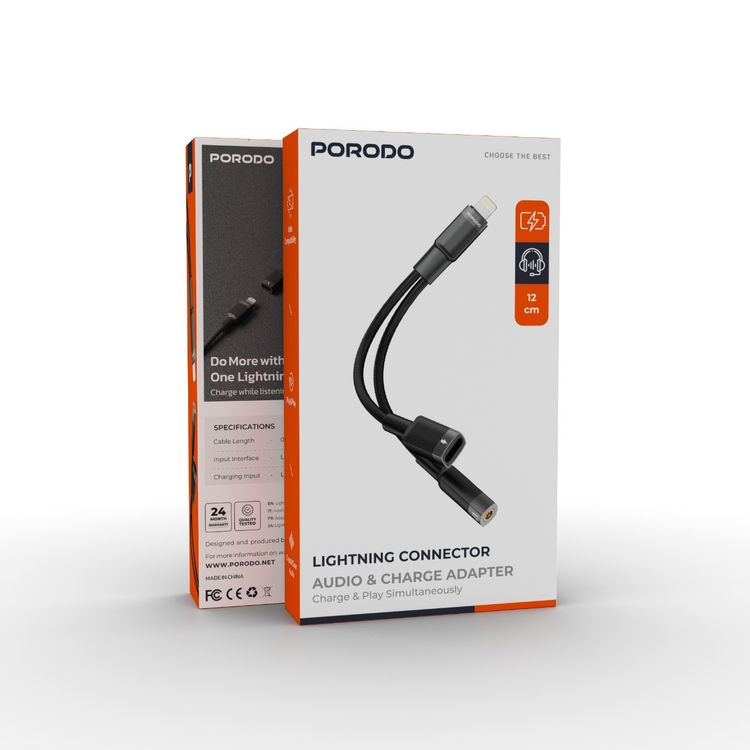 Porodo Lightning Connector Audio & Charge Adapter with Optimal Charging, Crystal Clear Audio, Plug & Play, Charge & Play Simultaneously - Black  