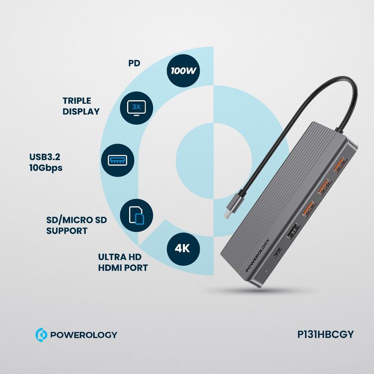 Powerology 13-in-1 USB-C Hub, 4K, HDMI, Type-C, 100W PD, Ethernet, USB SD MicroSD, 3.5 AUX - Gray