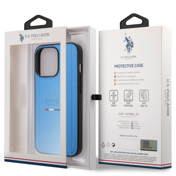 USPA PU Leather Case with Tricolor Stitches & Initials Full Protection iPhone 14 Pro Max Compatibility - Blue