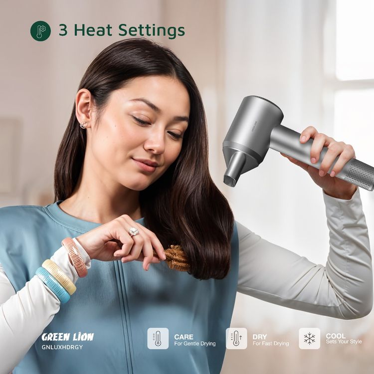 Green Lion LUXAIR Hair Dryer with 1600W Rated Power, 3 Heat Settings, Magnetic Nozzle, Digital Display, Thermostat Control, 2 Wind Speeds - Gray 