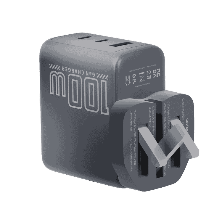 Powerology Voltflow 100W AVS GaN Wall Charger with Smart TFT Display, AI Temperature Control, QC 36W, Rapid Power Delivery, Over Current Protection, Natural Cooling System, High-Power Fast Charging, 25°C to 50°C Operating Temperature, 50/60 Hz Rated Frequency - Gray