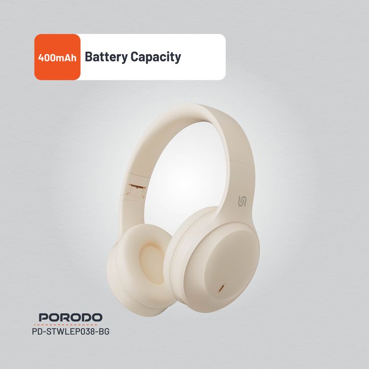  Porodo Soundtec Wireless Headphones with 400mAh Battery Capacity, 1.5 Hours Recharge Time, Up to 50 Hours Working Time, Type C Charging Port, Bluetooth V5.4 - Beige