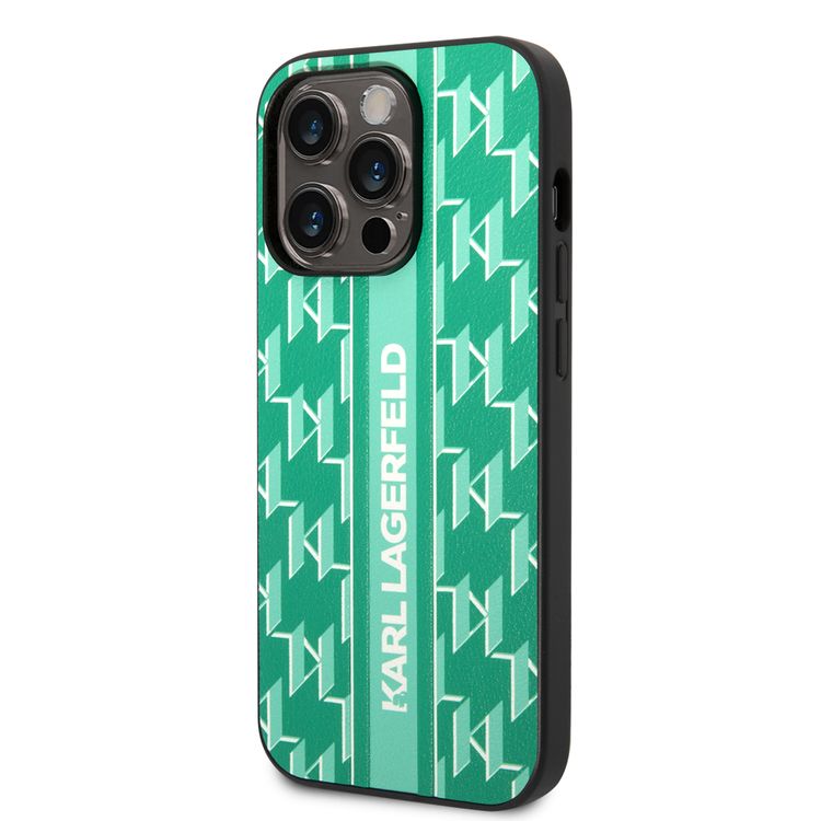 Karl Lagerfeld Grained PU Leather Case with Monogram Pattern & Vertical Logo iPhone 14 Pro Compatibility - Green